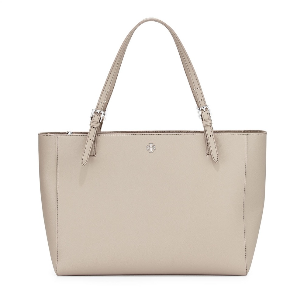 TORY BURCH York Saffiano Leather Buckle Tote French Grey